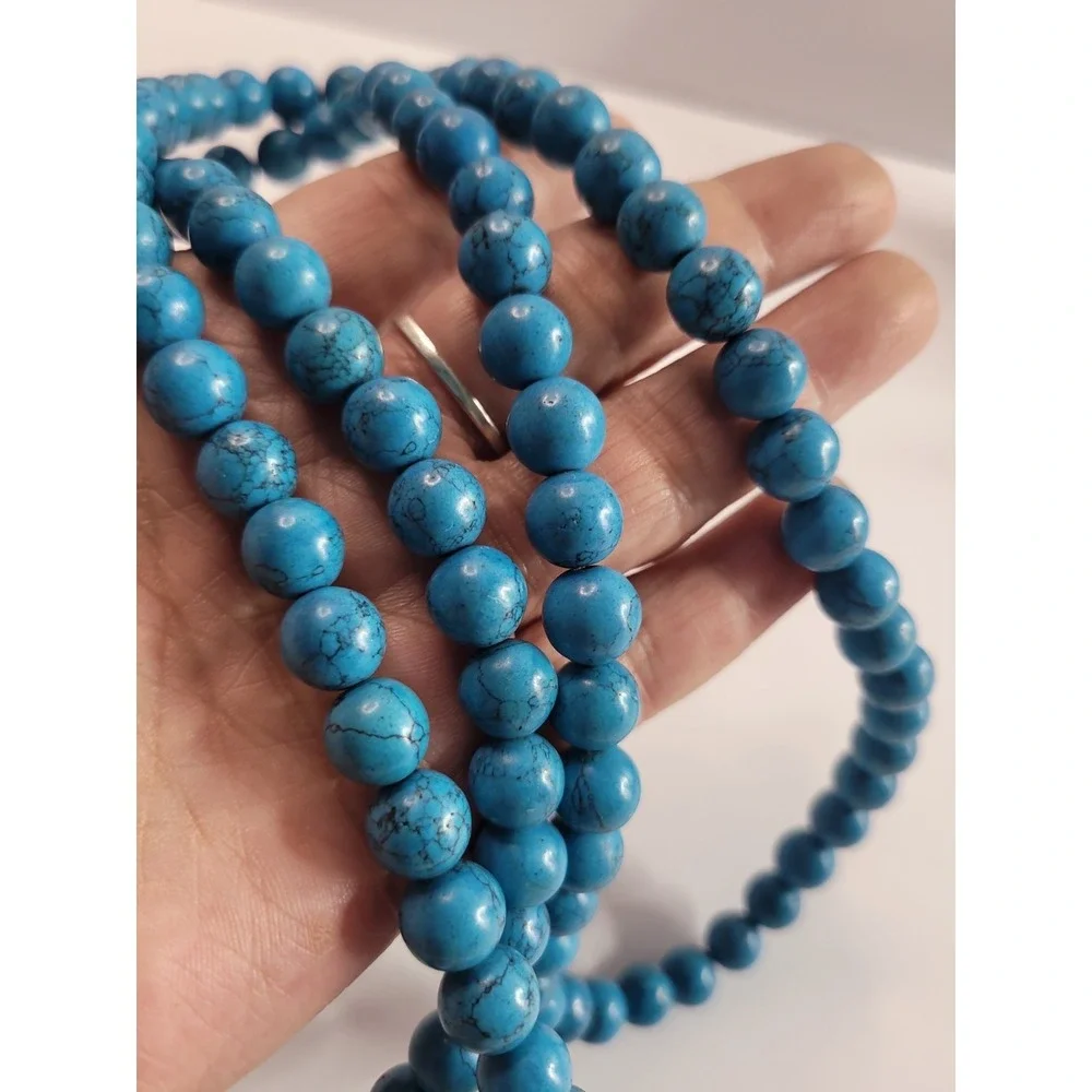 Blue Black Veined Round Bead Long Necklace Southwestern Boho Statement Jewelry